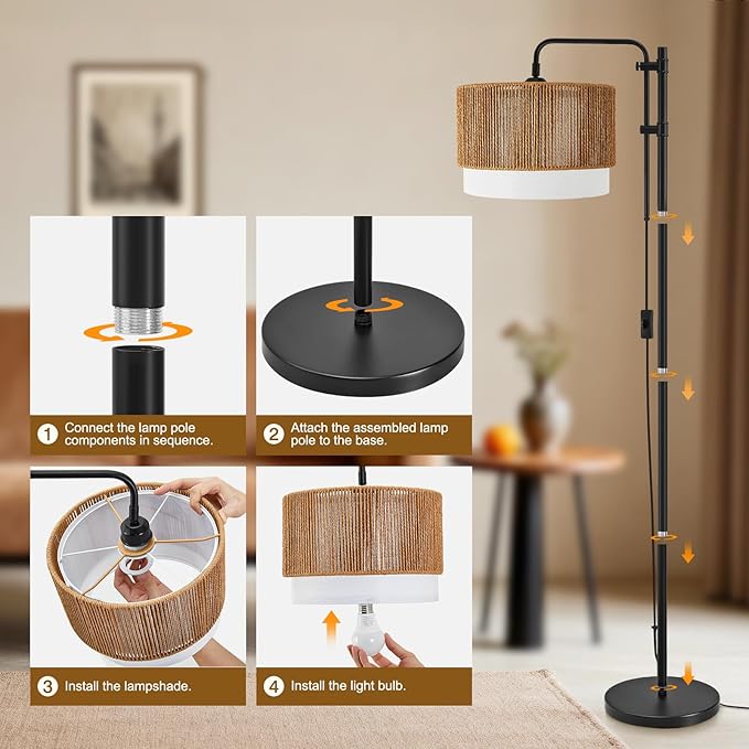 GyroVu Rattan Floor Lamp for Living Room, 3 Color Temperatures LED Bulb Included, Farmhouse Boho Arc Standing Lamp, Handwoven Tall Lamps for Bedroom, Home Office, Corner