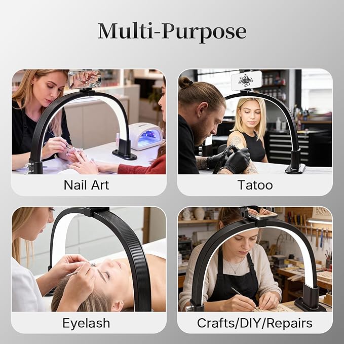 BLUVALL Half Moon Nail Lamp for Desk Portable Nail Desk Lamp with Phone Holder, Stepless Adjustment of Brightness and Color Temperature Desk Lamp for Nail Tech, Eyelash, Tattoo, Makeup (Black)