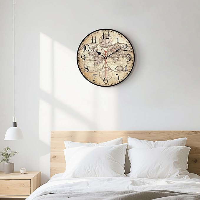14 Inch Wooden Wall Clock Globe World Map Retro Vintage Rustic Wall Clocks Silent Non Ticking Clock Decorative for Kitchen Farmhouse Hotel