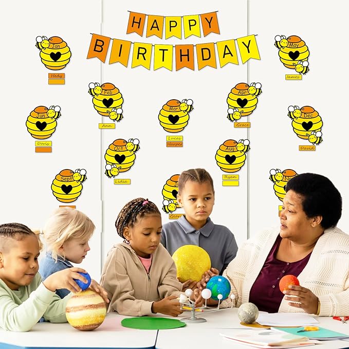 JarThenaAMCS 85Pcs Bee Birthday Bulletin Board Decorations Set Bees Hives Birthday Calendar Poster Honeycomb Paper Cutouts Party Supplies for Teacher Students Back to School Classroom Wall Decor