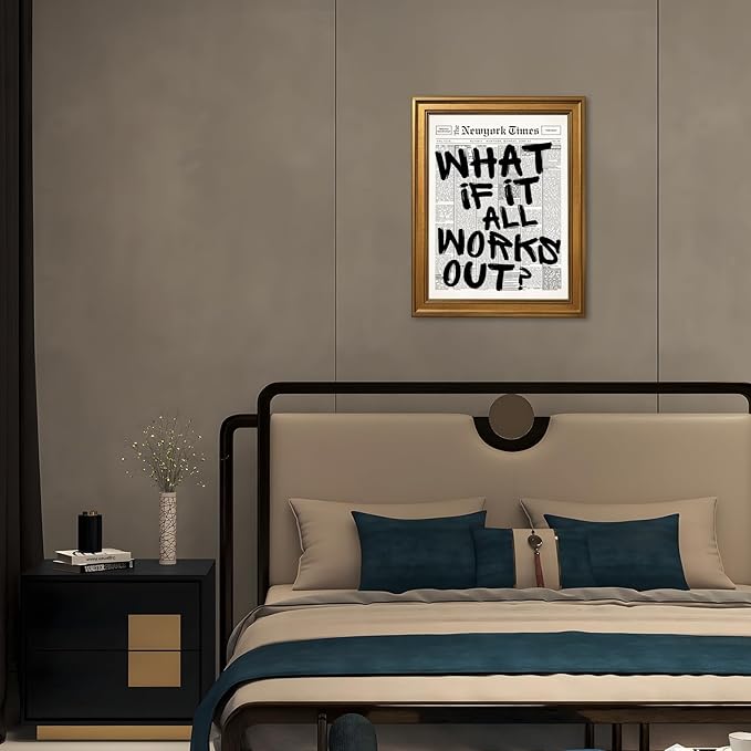 What If It All Works Out Wall Art Retro Black and White Newspaper Motivational Poster Positive Affirming Quote Minimalist Canvas Print for Bedroom Living Room Home Decor 24x36inch Vintage Framed