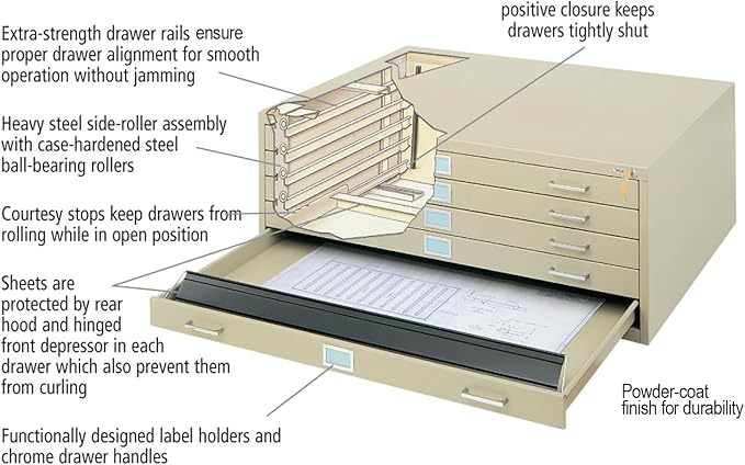 Safco Products Flat File for 48" W x 36" D Documents, 5-Drawer (Additional Options Sold Separately), Black