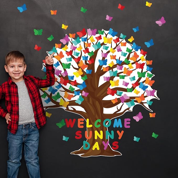 128 Pcs Butterfly Tree Bulletin Board Decorations Spring Classroom Bulletin Board Sets Welcome Sunny Days Back to School Cutouts for Wall Background Chalkboard Supplies