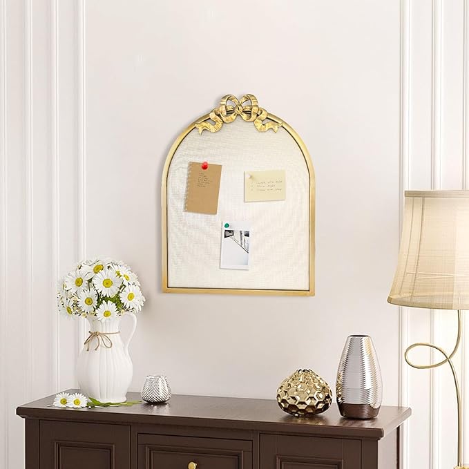 Vintage Arched Linen Cork Board with Gold Bow – Decorative Bulletin Board for Walls, Metal Frame Pin Board for Notes, Photos & Reminders, Elegant Vision Board for Home & Office 16"x21"
