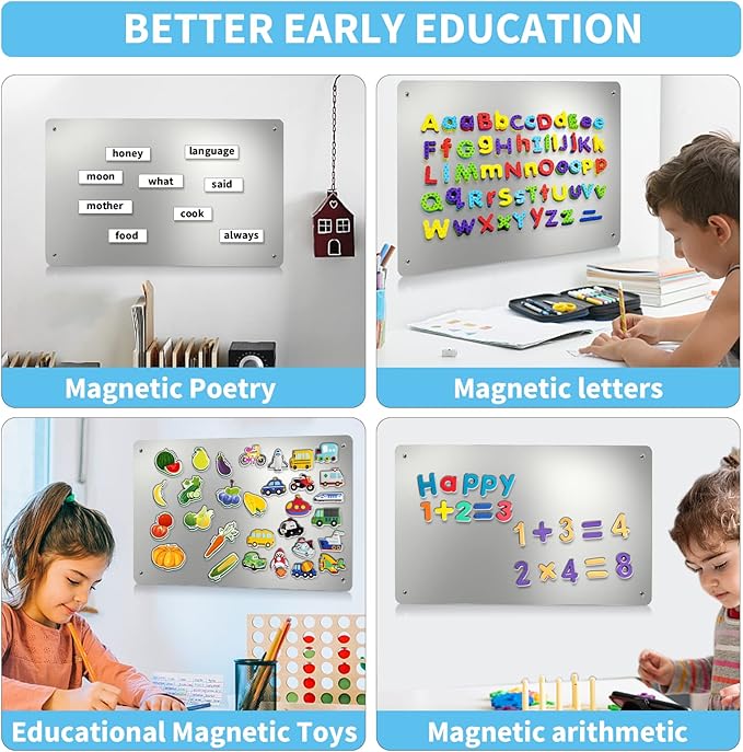 17.7" x 11.8" Stainless Steel Magnetic Board - Magnet Bulletin Board to Display Magnetic Letters Numbers Animal, Poetry, Spice Jars, Notes, Photos, Suitable for Wall, Refrigerator, Cubicle, Cabinet