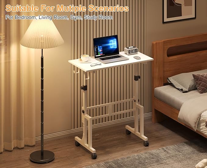 Small Adjustable Height Standing Desk With 2 Hooks, Rolling Sit Stand Up Desk With Wheels, Adjustable Mobile Portable Table For Walking Pad Laptop Treadmill Computer, 4 Height Levels, 2 Hooks