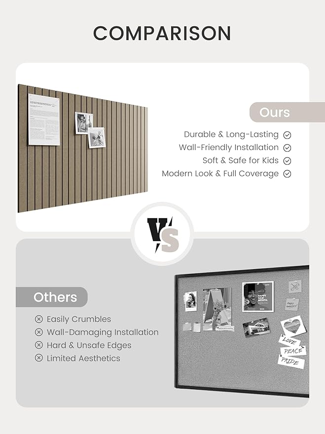 Bumusty Large Cork Board Alternative-36 x 24" Felt Bulletin Board Tiles, with 30 Pushpins, 40 Adhesive Tabs, 6-Pack Slat Wall Paneling, Cork Boards for Office Push Pin Board Felt Board-Earth Brown