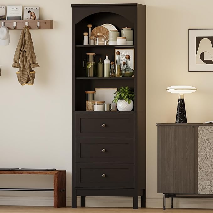 71" H Tall Bookshelf with Drawers, Farmhouse Book Shelf with 3-Tier Open Shelves, Wooden Bookcase with Storage Drawers, Freestanding Bookshelves for Bedroom, Living Room, Black