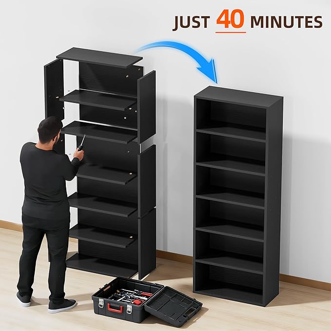 Furniwell 71" Tall Bookcase Bookshelves, 6 Tier Floor Standing Bookcases Open Frame, Modern Display Storage Organizer for Home Office, Living Room, Bedroom, Study Room (Black, 1 Pcs)