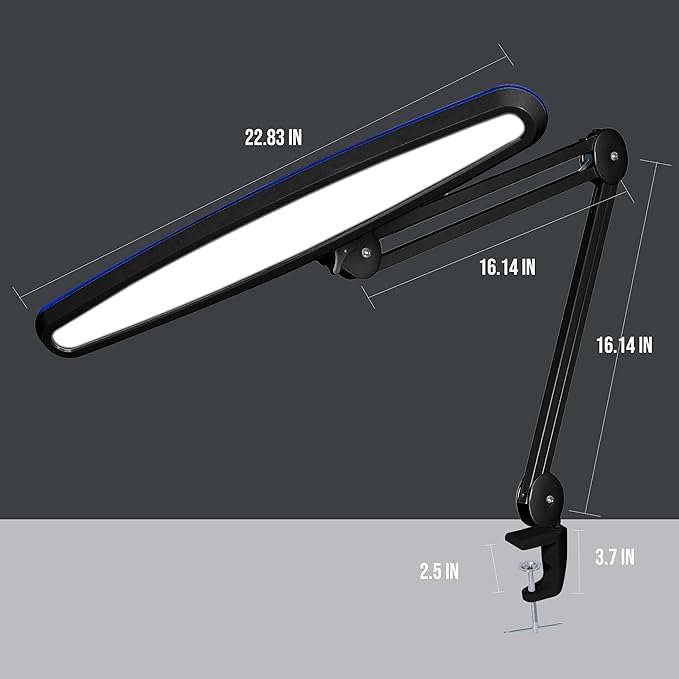 Neatfi XL 2,200 Lumens 20W LED Task Lamp – 23” Ultra-Wide Head | 182 SMD LEDs | 4 Brightness Levels | 3 Light Modes | Eye-Caring, Glare-Free | Adjustable Arm (Black, CCT with Clamp)