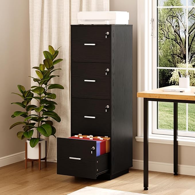VINGLI 4 Drawer File Cabinet with Lock, Home Office Filing Organizer, for Letter Size File Folder Storage, Wood Tall Vertical Filing Cabinet, Printer Stand, Archivador (Black)