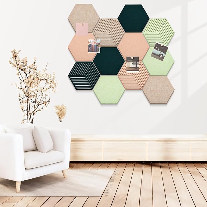12 Pcs Hexagon Cork Boards Tiles for Walls Decor 12 x 10 Inch Cork Bulletin Board Tiles with 50 Pins, Pin Board for Office Home for Office & Home for Notes Photos and DIY Classroom Decor