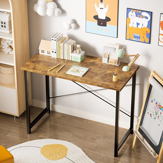 Sweetcrispy Small Computer Desk,55 Inch Office Writing Work Desk with Metal Frame Wooden Tabletop, Student Study Home Bedroom Table with X-Shaped Reinforcement, Brown