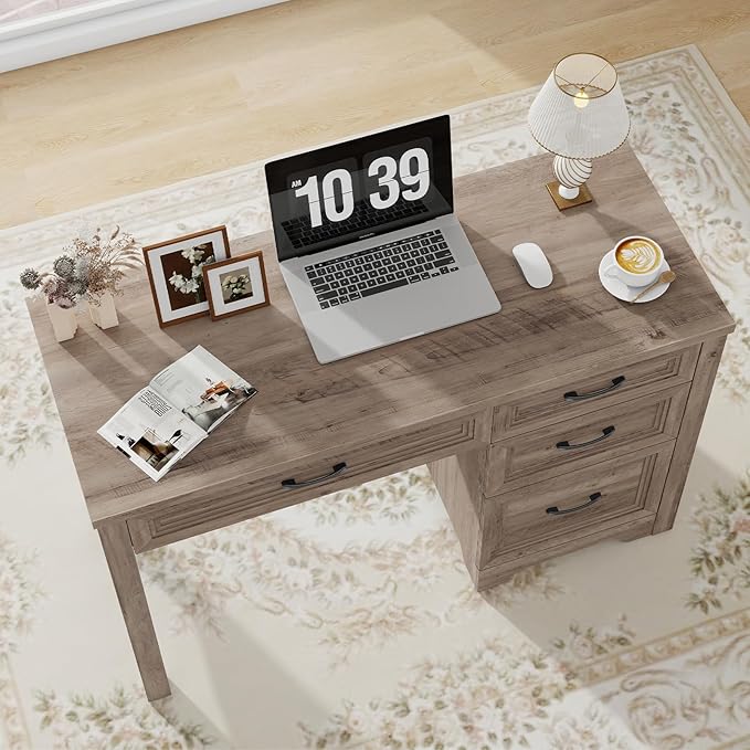 Farmhouse Executive Desk with Drawers, Wood Computer Desk with Ample File Drawer, Rustic Home Office Desk with Storage for Bedroom, Living Room, Grey