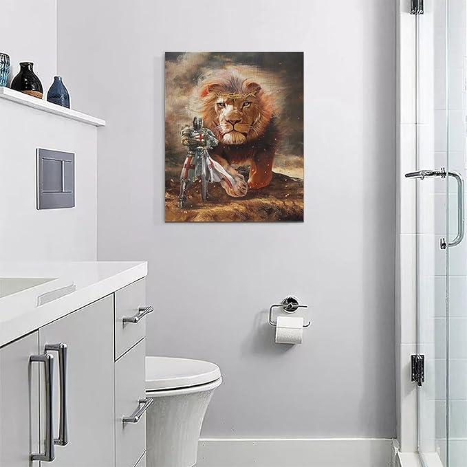 yerretin Christian Lion Of Judah Wall Art Lion Warrior Pictures Wall Decor Religious Knight Canvas Painting Home Decorations Artwork for Bathroom Bedroom Living Room Office Framed 16"x20"