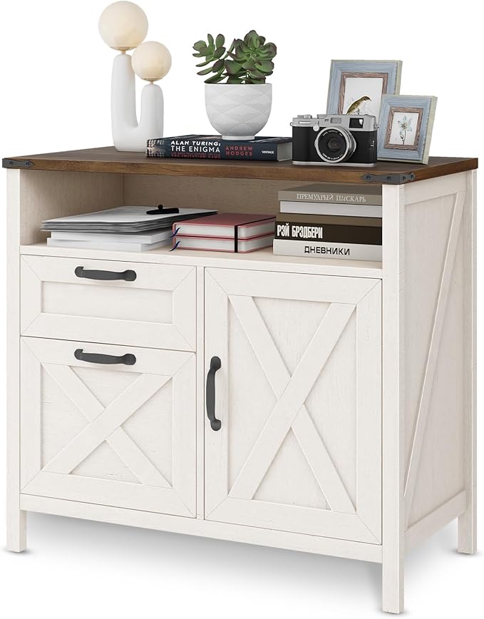 Lateral File Cabinet with 2 Drawers and Door Farmhouse File Cabinet for A4/Letter Size Hanging Files, Large Wood File Storage Cabinets Printer Stand with Open Space for Home Office Furniture, White