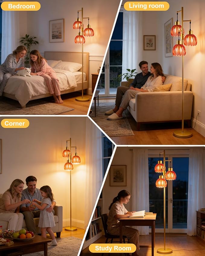 Lightdot 65'' Glass Floor Lamp Dimmable Gold with Deep Red Lotus Glass Shade & 3000K Bulbs Included 3-Lights Modern Tall Standing Lamp for Living Room/Bedroom/Sofa Beside/Corner Decor