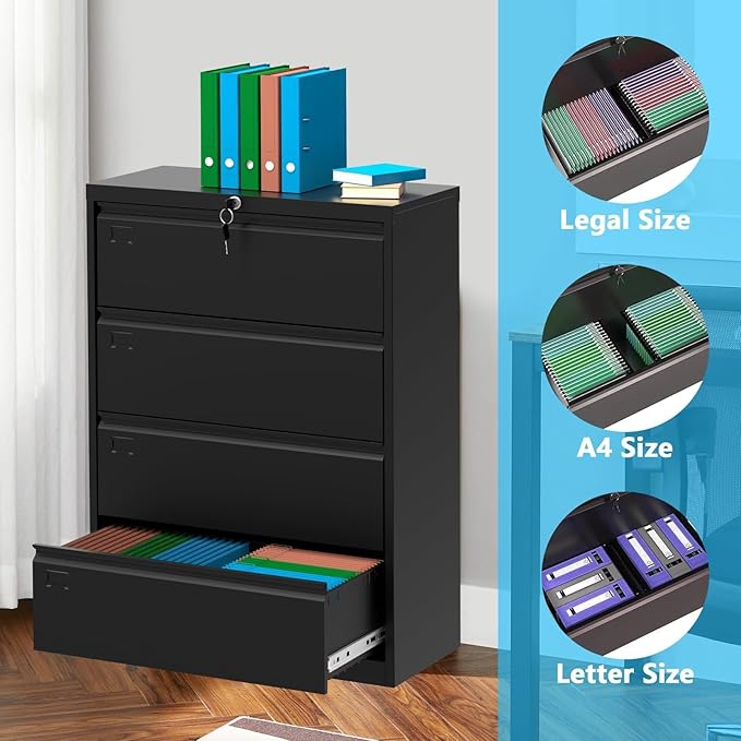 4-Drawer Lateral File Cabinet with Lock, 52"H Metal Filing Cabinet for Home Office & Business Use – for Letter, Legal, A4, F4 Files, 320 LB Weight Capacity,Easy to Assemble (Black, 4 Drawer)