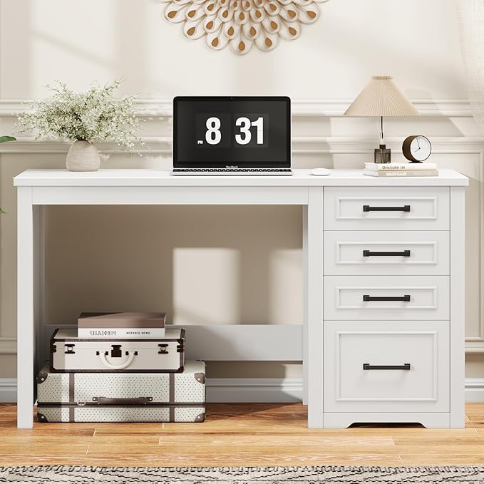 Vabches Farmhouse 49” Executive Desk with File Drawer, 4 Drawers Reversible Computer Desk with Storage, Rustic Home Writing Workstation for Home Office, Cream White