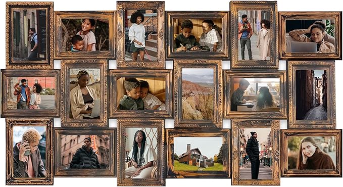 J.M.Deco Collage Picture Frames for Wall Decor, 18-Opening Reunion Family Friends Picture Frame Set, 4 x 6 Photo Frames for Living Room, Gallery Puzzle Collage Wall Hanging, Vintage Gold