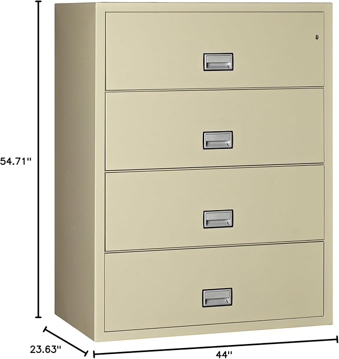 44 inch Wide 4-Drawer Lateral Fireproof File Cabinet – Legal and Letter Size Filing – Key Lock – Water Resistant – Fire Safe and Impact Rated – Putty Finish – Model LAT4W44P