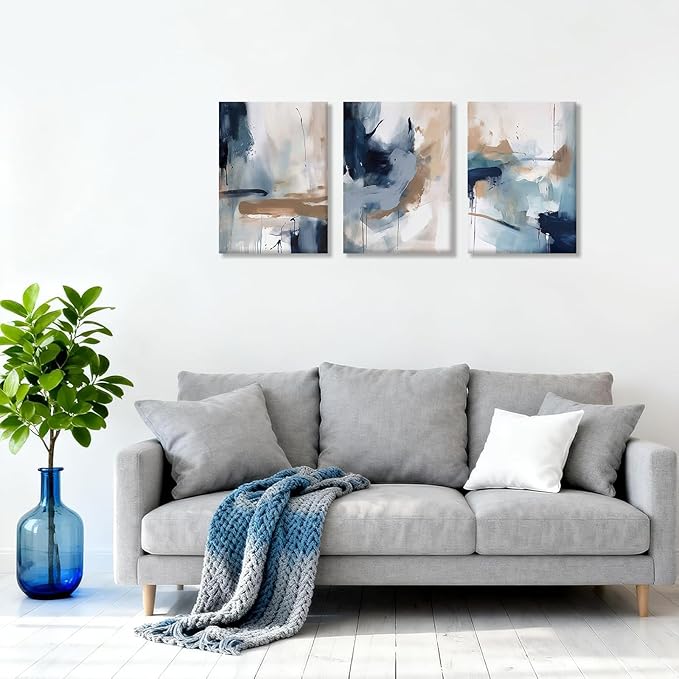 KBKBART 3 Piece Blue Abstract Framed Wall Art For Living Room, Watercolor Ink Navy Blue Canvas Wall Art Modern Minimalist Art Prints Wall Décor For Bedroom Office 12x16in