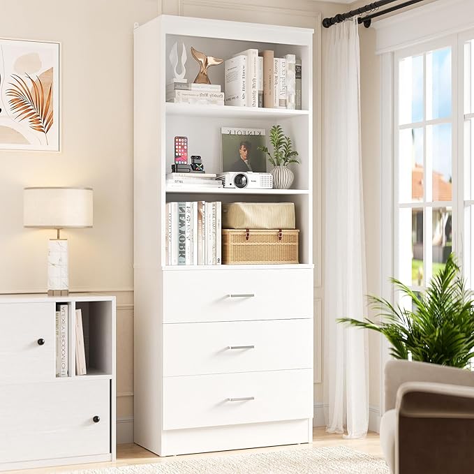 Aheaplus 71 Inches Bookshelf with Drawers, Wooden Bookcase with Open Shelves, 6-Tier Tall Storage Cabinet Book Shelf Storage Organizer for Living Room, Home Office, White (No Charge Station)