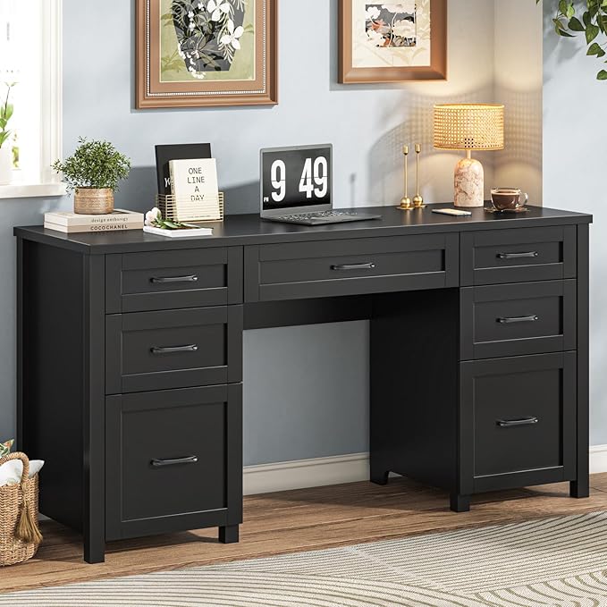 Vabches Farmhouse 61'' Executive Desk with 5 Drawers, Rustic Office Desk Computer Desk with File Drawers and Storage Cabinet, Wood Workstation for Home Office and Study(Black)