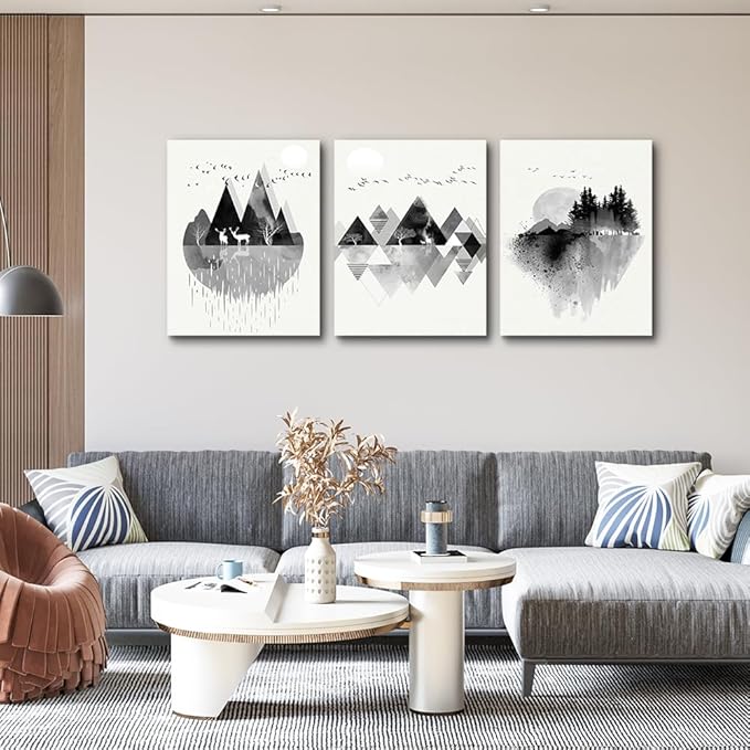 hyidecorart Canvas Wall Art For Living Room Large Wall Decor For Bedroom Office Decoration Black And White Abstract Wall Painting Geometry Mountain Wall Pictures Artworks Room Home Decor 3 Piece