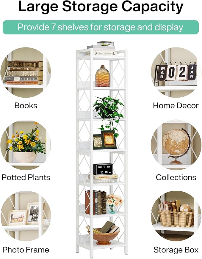 Tribesigns 78.7 Inch Extra Tall Narrow Bookshelf Set of 2, 7 Tier Skinny Bookcase for Small Spaces, Freestanding Display Shelves, Multifunctional Corner Storage Organizer for Home Office, White
