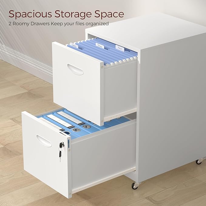 2 Drawer Mobile File Cabinet with Lock, White Metal Filing Cabinets with Wheels, Vertical Rolling File Cabinet Fit Hanging Files, Letter and A4 Documents