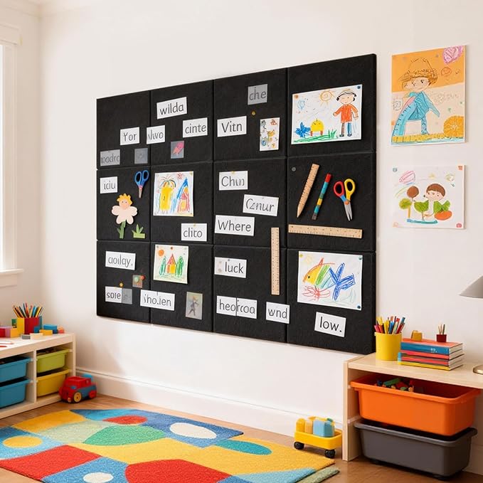 Large Cork Boards for Walls 48" x 36", 12 Pack Black Bulletin Board, Felt Wall Tiles with 72 Safe Removable Adhesive Tabs, Pinboard Cork Board for Office Home Decor