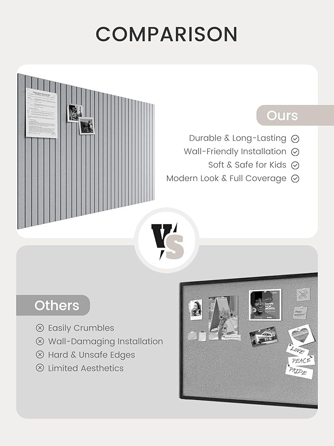 Bumusty Large Cork Board Alternative-48 x 36" Felt Bulletin Board Tiles, with 30 Pushpins, 70 Adhesive Tabs, 12-Pack Slat Wall Paneling, Cork Boards for Office Push Pin Board Felt Board-Soft Gray