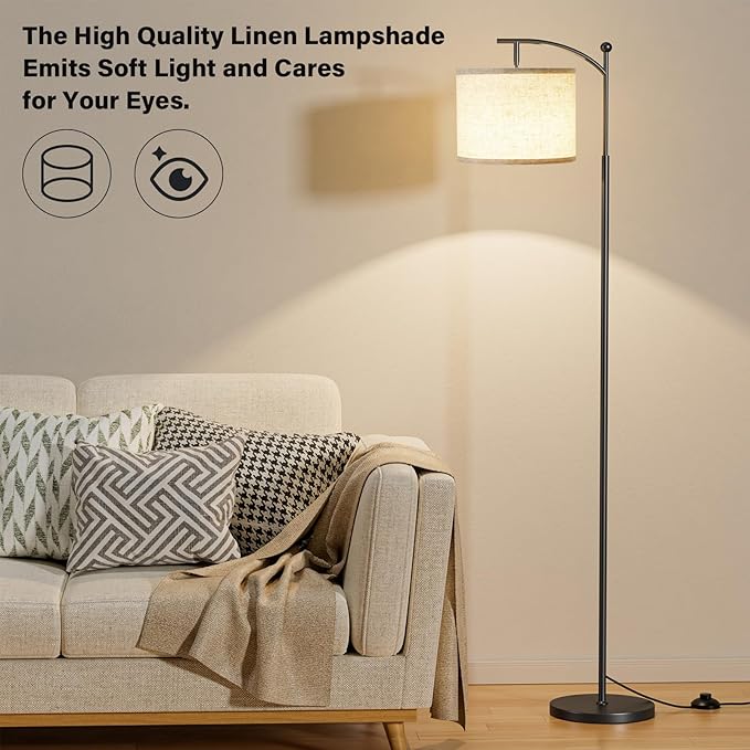 Ambimall 60" Floor Lamp with Remote Control and Stepless Dimmable Bulb, Colors Temperature & Brightness Adjustable, Modern Floor Lamps for Living Room(Beige Shade & Black Pole)
