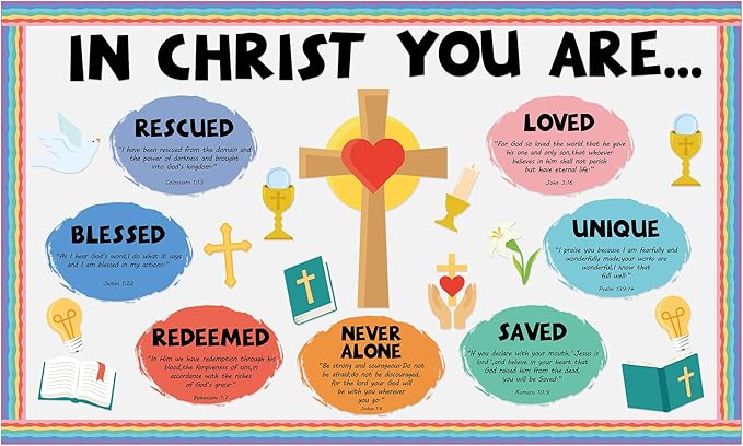 Christian Jesus Bulletin Board Decoration Set Religious Cross Bible Paper Cutouts You are Positive Inspirational Motivational Borders Sunday School Spring Summer VBS Classroom Prayer Board Supplies