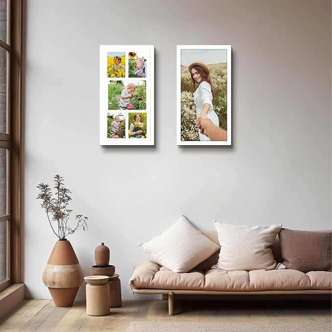 Golden State Art, Set of 2, 12x24 White Wood Picture Frame - White Mat for 8x10 And 5x7 Photos - Tempered Glass, Sawtooth Hanger, Swivel Tabs - Wall Mounting - Great for Gift
