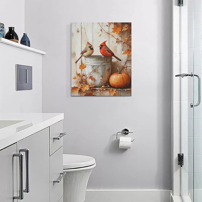 Fall Cardinal Wall Art Autumn Pumpkin Leaf Pictures Wall Decor Cardinals Canvas Painting Modern Artwork Home Decoration for Living Room Bathroom Bedroom Office Framed 16"x20"