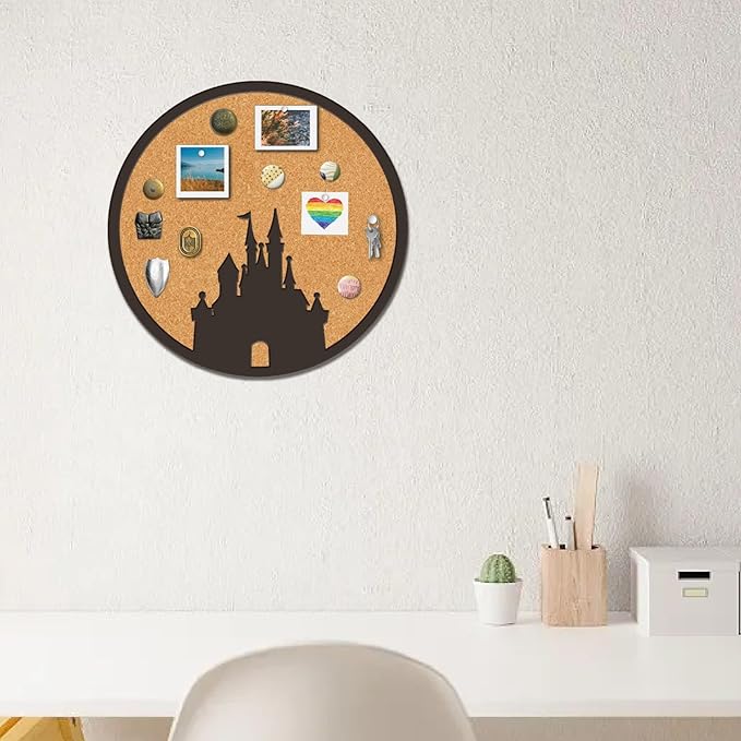 CRASPIRE Castle Pin Cork Board Round Framed Bulletin Display Badge 9.8x9.8 Wood Purple Decorative Corkboard Wall Mounted Memory Brooch Lapel Holder Storage for Home Room School Classroom Party