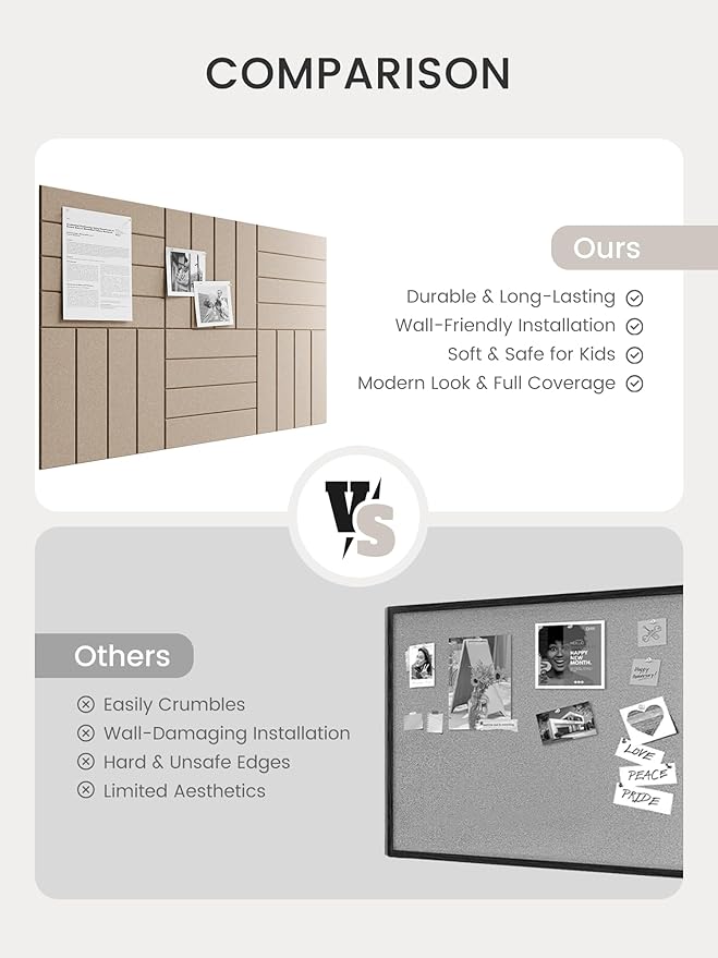 Bumusty Large Cork Board Alternative-36 x 24" Felt Bulletin Board Tiles, with 30 Pushpins, 40 Adhesive Tabs, 6-Pack Slat Wall Paneling, Cork Boards for Office Push Pin Board Felt Board-Taupe