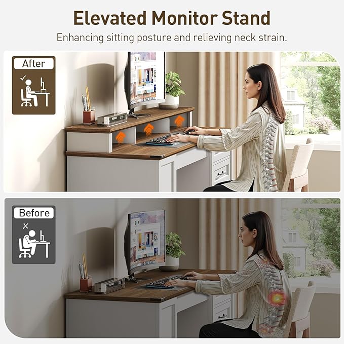 2 Pack 55'' Farmhouse Executive Desk with Drawers, Computer Desk with File Cabinet and Side Bookshelf, Writing Gaming Desk with Monitor Stand, White and Walnut