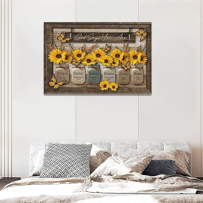 Christian Sunflower Wall Art Rustic Sunflower Butterfly Pictures Wall Decor Country Bible Verse Canvas Painting Modern Home Artwork Decoration for Bathroom Living Room Bedroom Office Framed 24"x16"