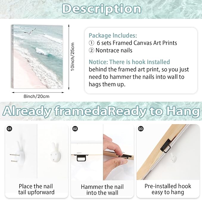 CHDITB Beach Framed Canvas Wall Art, Coastal Palm Tree Artwork, Tropical Ocean Wall Decor, Boho Surfboard Poster, Pink Aesthetic Summer wave Art Prints For Living Room Seaside Cottage Decor 8”X10”x6