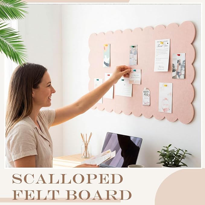 Scalloped Felt Bulletin Board 36 x 18 Inches Foldable Flesh Pink Pin Cork Board Alternative for Wall, 3' x 1.5' Trifold Picture Vision Self Adhesive Bulletin Decorative