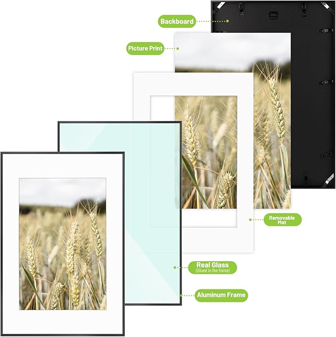 Golden State Art, Gallery Wall Frame Set of 6 - Black 16x24 Aluminum Photo Frames with Mat for 12x18 Pictures - 16 x 24 inch Metal Frame with Real Glass Cover - Elegant Home or Office Decor