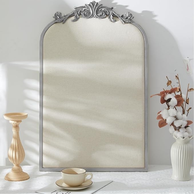 Vintage Framed Pin Board Linen Display Bulletin Board Large Cork Fabric Picture Photo Pinboard Memo Ornate Decorative Pinboard Ornate for Wall Gift(Arch,19" X 31",Silver)