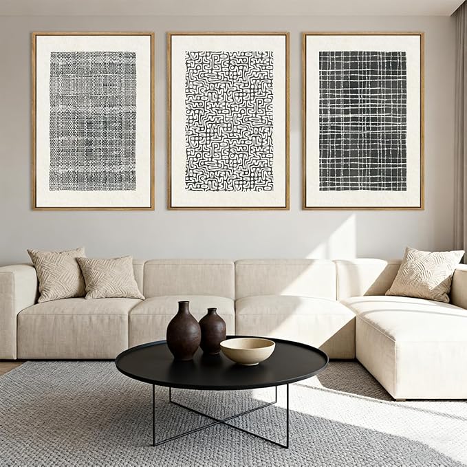 BINCUE Abstract Line Wall Art Set of 3 Modern Neutral Black Wall Decor Geometric Minimalist Artwork Black Abstract Wall Art Framed Modern Paintings for Living Room Bedroom Office Bathroom 24"x36" Gift