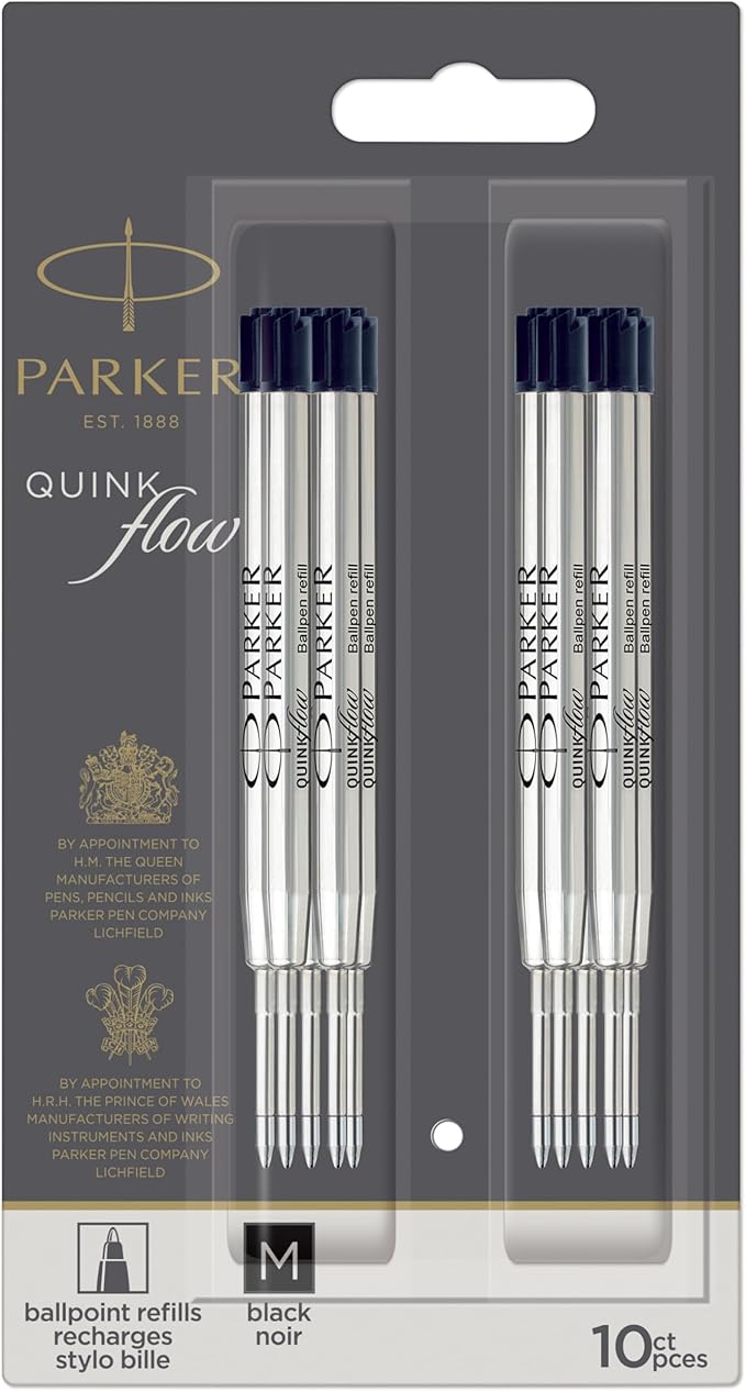 Parker QUINKflow Authentic Black Ink Refills, Medium Point, For Ballpoint Pens, 10 Count - Desk, Office Supplies, Everyday Writing