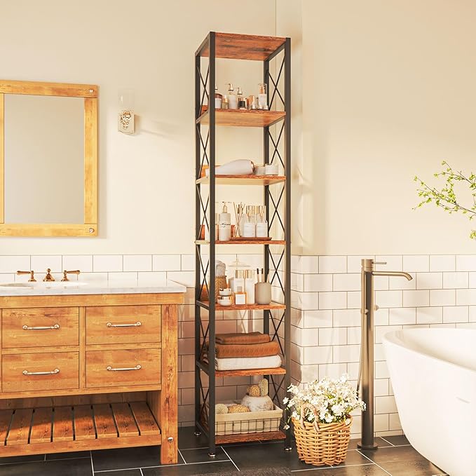 IBUYKE 6-Tier Tall Narrow Bookcase,Wood Corner Shelf Storage Display Rack for Small Spaces,Free Standing Open Bookshelf Square Shelf Tower for Home Office Living Room Bathroom, Rustic Brown UTBC001H