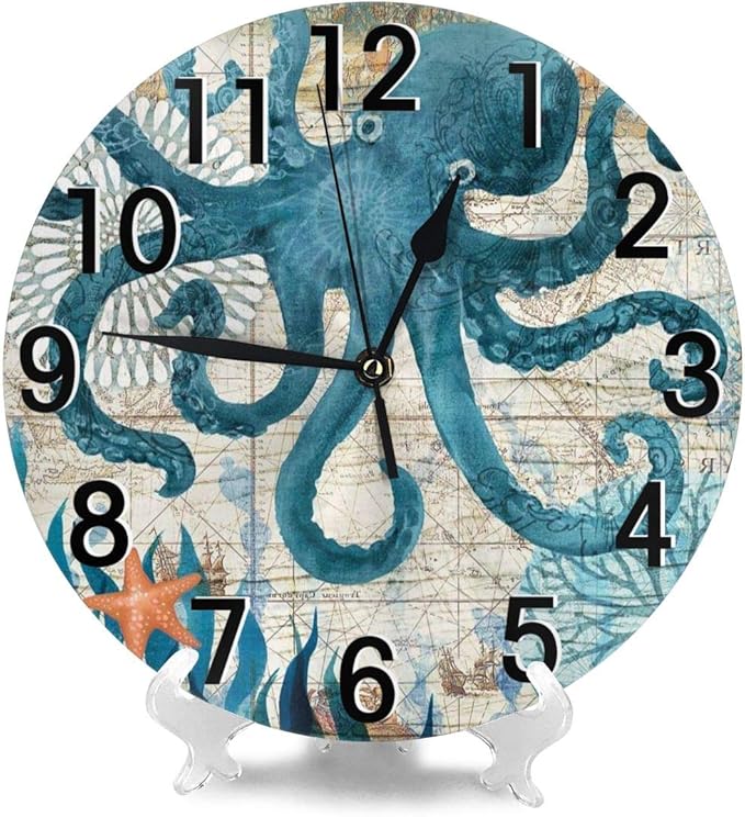 Blue Octopus Nautical Map Wall Clock Battery Operated Silent Non Ticking Round Clock Art Wall Decor for Home, Office, School 9.8 Inch