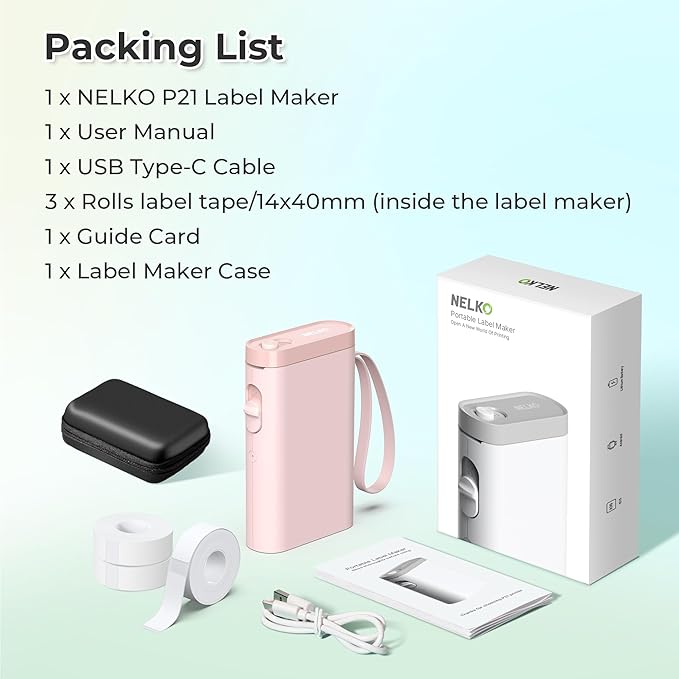 Nelko Label Maker Machine with Tape, P21 Bluetooth Label Printer with 3 Tapes & Case, Wireless Mini Label Makers with Multiple Templates Icon Font Custom for School Office Home, Pink